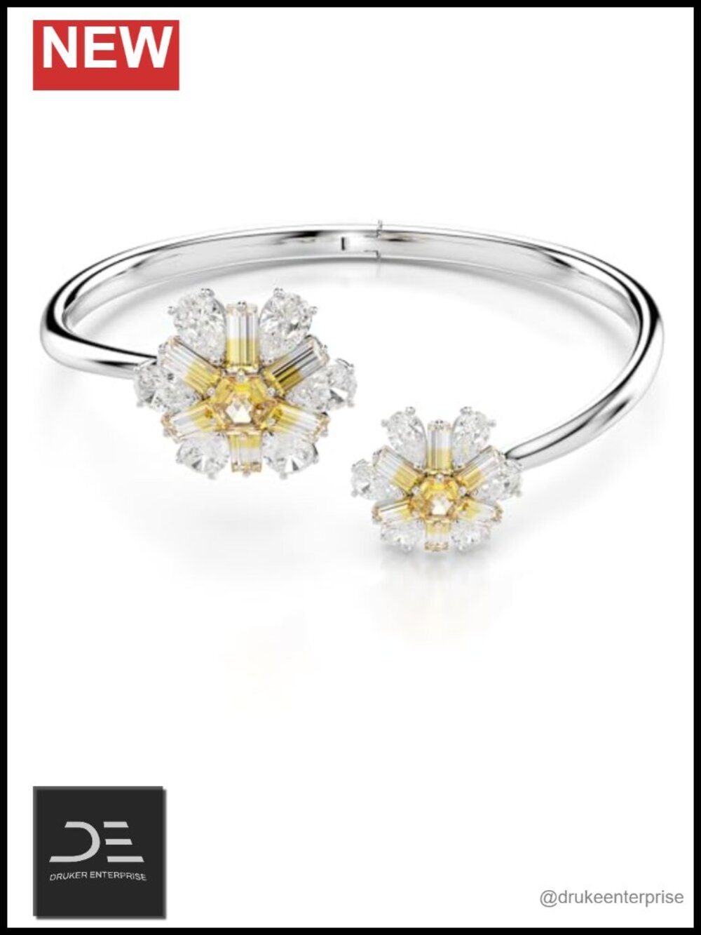Rhodium Flower Crystal Bangle Bracelet - Swarovski Inspired